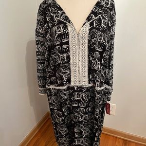Merona Black & White Elephant Batik Print Long Sleeve Rayon Dress XL